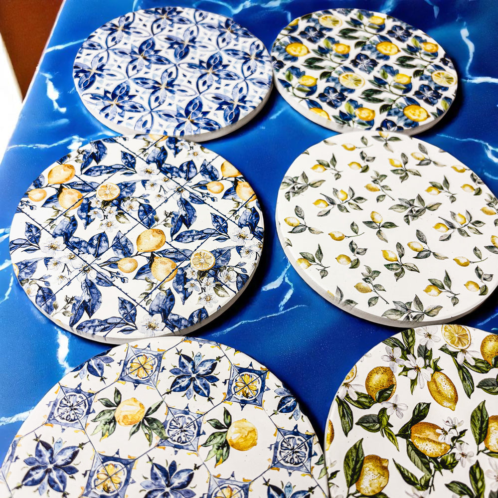 High-end ceramic drink coasters Mediterranean lemon design blue yellow patterns cork backing table protection
ceramic coaster collection Mediterranean lemon patterns 6 designs luxury blue white yellow cork backing